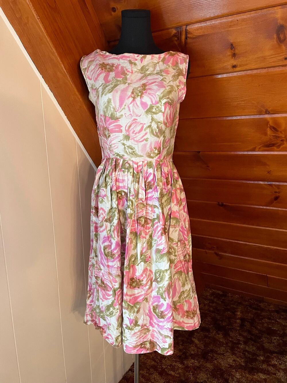 Vintage 50s 60s Floral Rose Print Summer Garden Party Circle Style Dress sz S